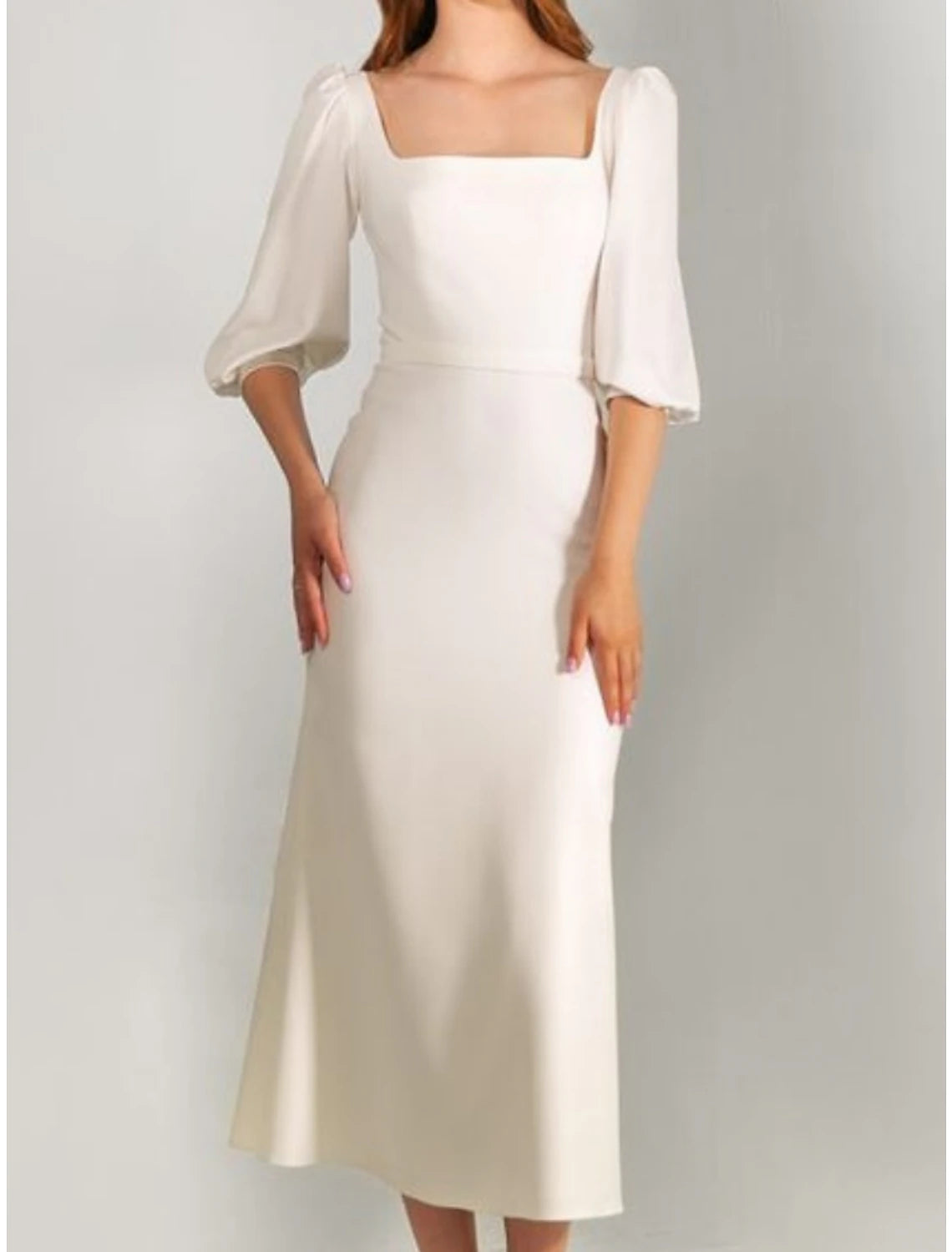 Wholesale Little White Dresses Wedding Dresses A-Line Square Neck Half Sleeve Tea Length Satin Bridal Gowns With Solid Color